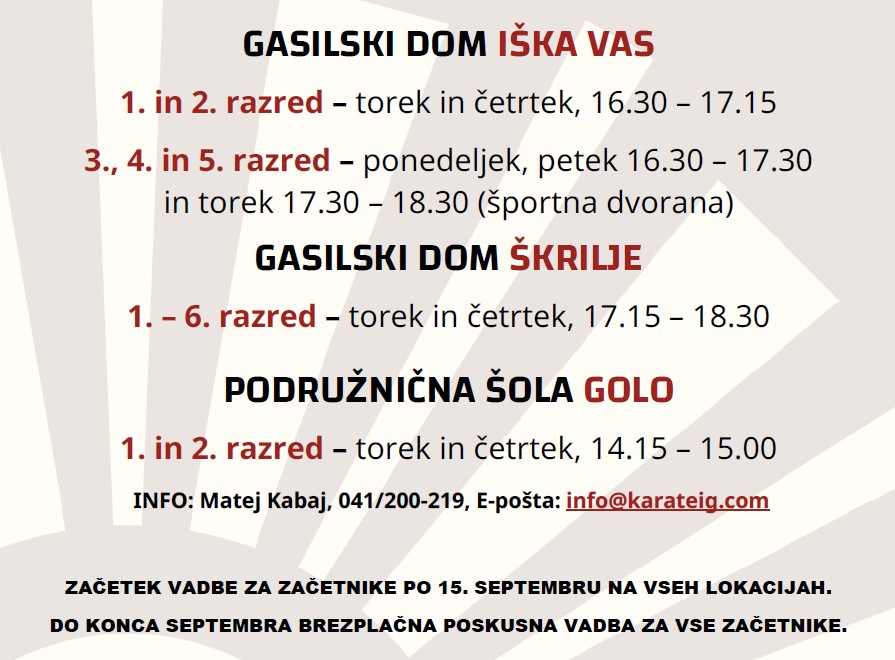 KARATE ZA OTROKE: IŠKA VAS, ŠKRILJE, GOLO